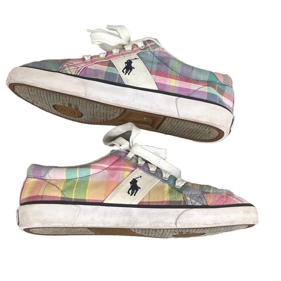 US Polo Ralph Lauren Women’s Size 6 Multicolor Plaid Fabric Sneakers Preppy - Picture 2 of 6